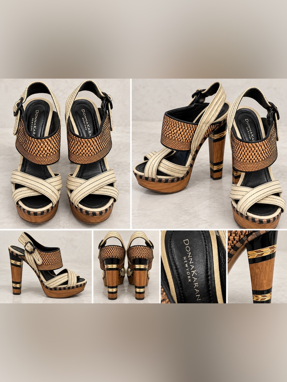 Vintage Donna Karan New York Cream and Tan Woven Platform Sandals